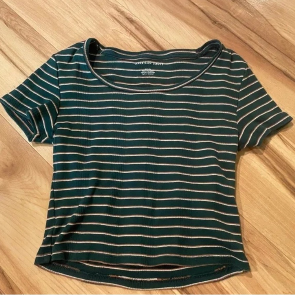 American Eagle Outfitters Dark Green Striped Tee—S